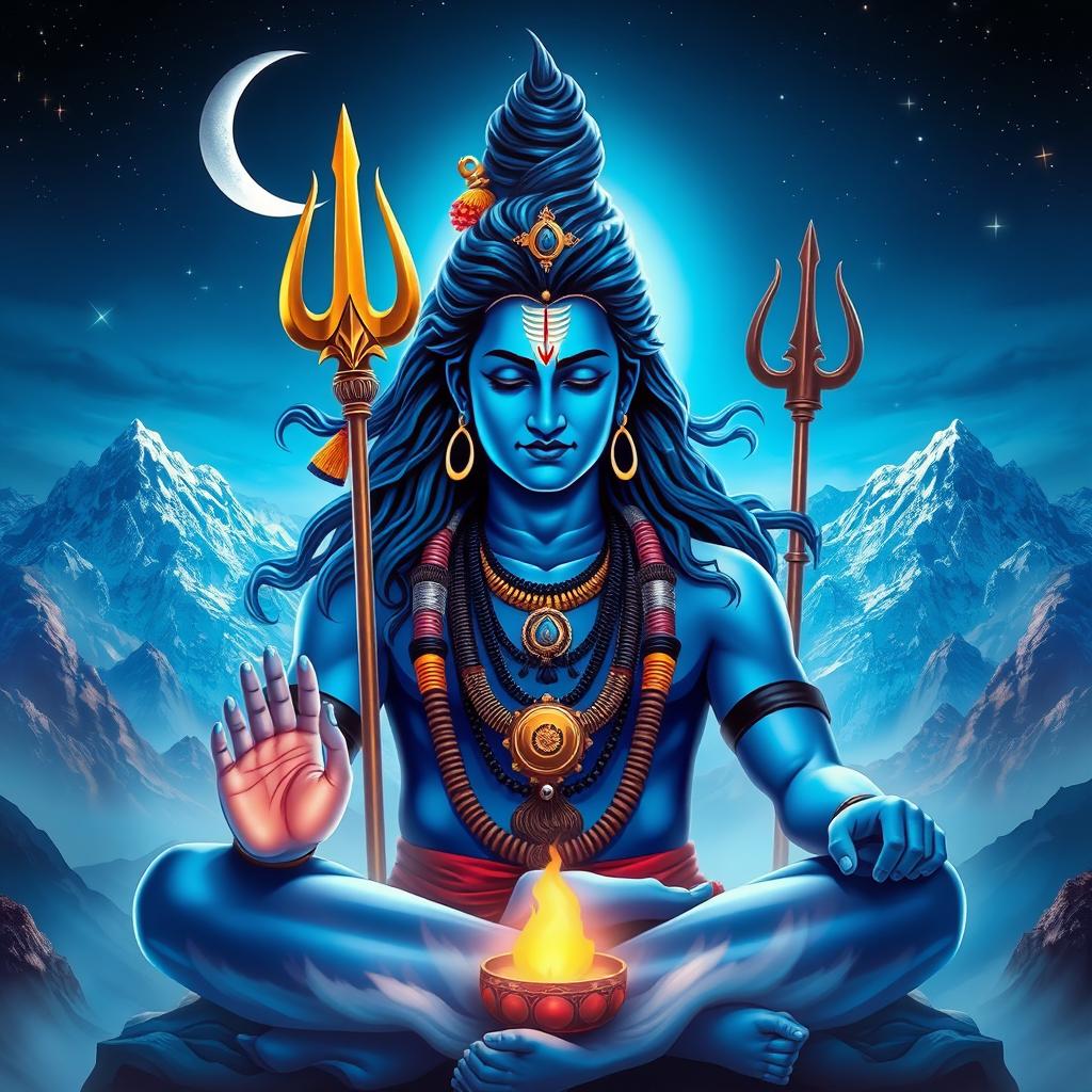 A majestic representation of Lord Shiva, depicted in a serene and meditative pose, surrounded by ethereal mountain landscapes