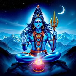 A majestic representation of Lord Shiva, depicted in a serene and meditative pose, surrounded by ethereal mountain landscapes