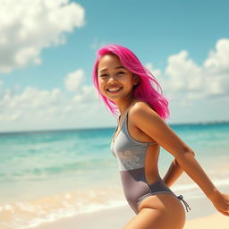 A vibrant and cheerful 18-year-old Filipina girl with bright pink hair, wearing a fashionable one-piece swimsuit, confidently posing by a beautiful beach
