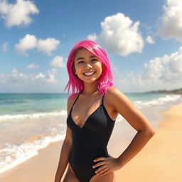 A vibrant and cheerful 18-year-old Filipina girl with bright pink hair, wearing a fashionable one-piece swimsuit, confidently posing by a beautiful beach