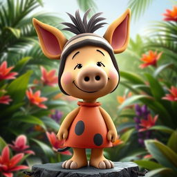 A Peanuts cartoon character creatively dressed as Pumbaa, the wild boar from The Lion King, featuring a distinctive headpiece that embodies Pumbaa's unique look