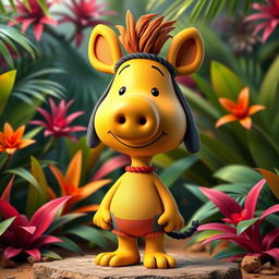 A Peanuts cartoon character creatively dressed as Pumbaa, the wild boar from The Lion King, featuring a distinctive headpiece that embodies Pumbaa's unique look