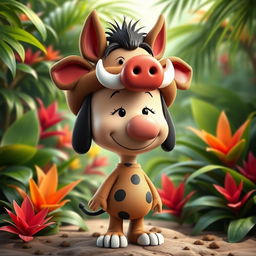 A Peanuts cartoon character creatively dressed as Pumbaa, the wild boar from The Lion King, featuring a distinctive headpiece that embodies Pumbaa's unique look