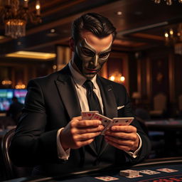 A mysterious man in a stylish suit and a mask, skillfully shuffling playing cards