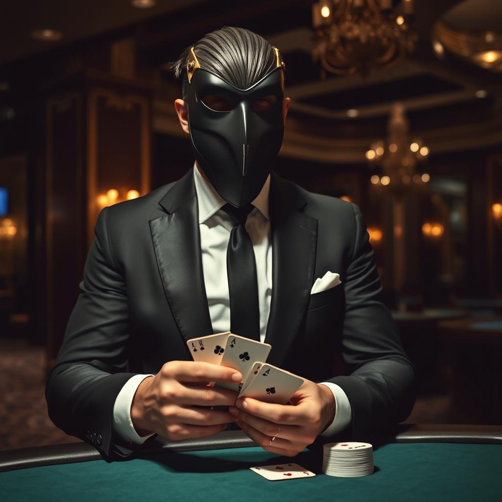 A mysterious man in a stylish suit and a mask, skillfully shuffling playing cards