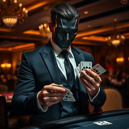 A mysterious man in a stylish suit and a mask, skillfully shuffling playing cards