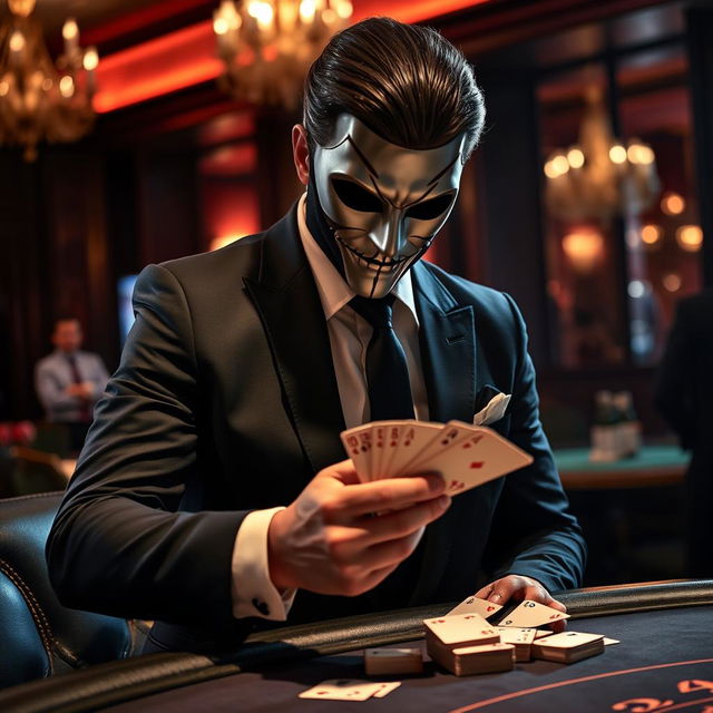 A mysterious man in a stylish suit and a mask, skillfully shuffling playing cards