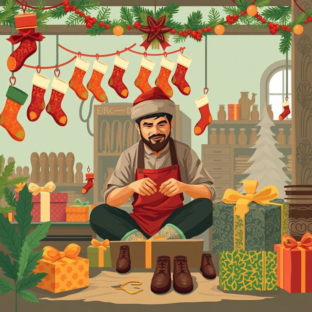 An illustration design for a Christmas greeting card featuring a male shoemaker diligently working in a factory, surrounded by a backdrop that beautifully embodies Javanese culture