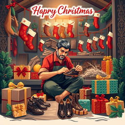 An illustration design for a Christmas greeting card featuring a male shoemaker diligently working in a factory, surrounded by a backdrop that beautifully embodies Javanese culture