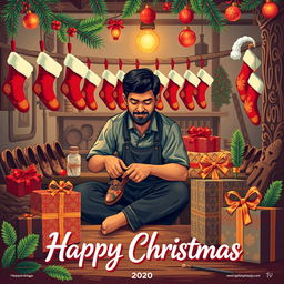 An illustration design for a Christmas greeting card featuring a male shoemaker diligently working in a factory, surrounded by a backdrop that beautifully embodies Javanese culture