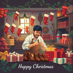 An illustration design for a Christmas greeting card featuring a male shoemaker diligently working in a factory, surrounded by a backdrop that beautifully embodies Javanese culture