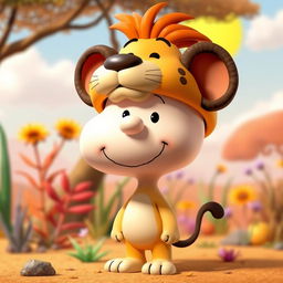 A Peanuts cartoon character dressed as Timon from The Lion King, featuring a distinctive headpiece that mimics Timon's unique look