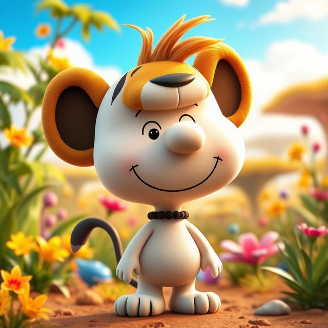 A Peanuts cartoon character dressed as Timon from The Lion King, featuring a distinctive headpiece that mimics Timon's unique look