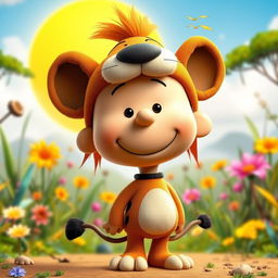 A Peanuts cartoon character dressed as Timon from The Lion King, featuring a distinctive headpiece that mimics Timon's unique look