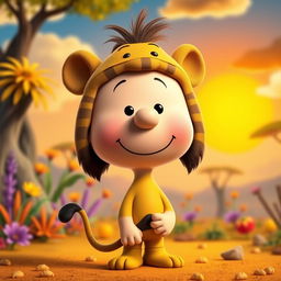 A Peanuts cartoon character dressed as Timon from The Lion King, featuring a distinctive headpiece that mimics Timon's unique look