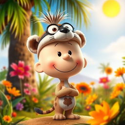 A Peanuts cartoon character dressed as Timon, the meerkat from The Lion King, featuring a playful headpiece that mimics Timon's signature look