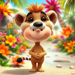 A Peanuts cartoon character dressed as Timon, the meerkat from The Lion King, featuring a playful headpiece that mimics Timon's signature look