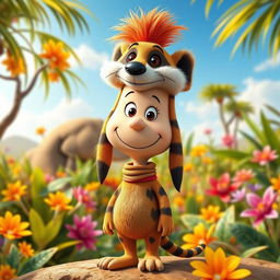 A Peanuts cartoon character dressed as Timon, the meerkat from The Lion King, featuring a playful headpiece that mimics Timon's signature look