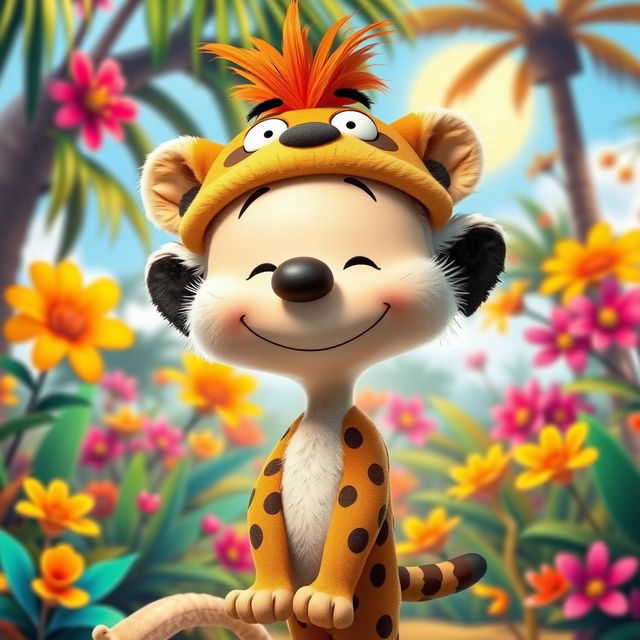 A Peanuts cartoon character dressed as Timon, the meerkat from The Lion King, featuring a playful headpiece that mimics Timon's signature look