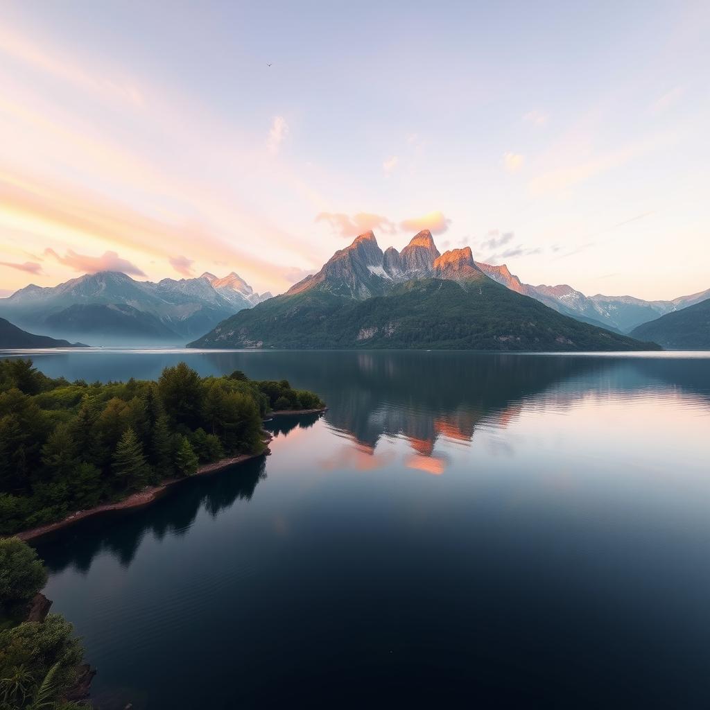 A beautiful and serene landscape featuring a tranquil lake surrounded by majestic mountains