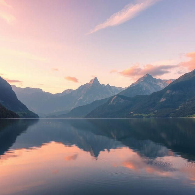 A beautiful and serene landscape featuring a tranquil lake surrounded by majestic mountains