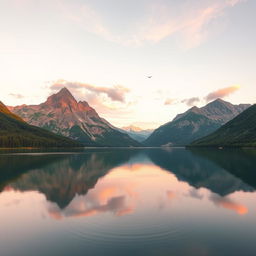 A beautiful and serene landscape featuring a tranquil lake surrounded by majestic mountains