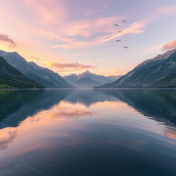 A beautiful and serene landscape featuring a tranquil lake surrounded by majestic mountains