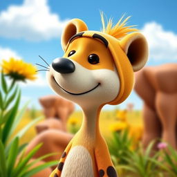 A Peanuts cartoon character dressed as Timon, the meerkat from The Lion King, featuring a playful headpiece that captures Timon's distinct appearance