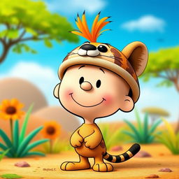 A Peanuts cartoon character dressed as Timon, the meerkat from The Lion King, featuring a playful headpiece that captures Timon's distinct appearance