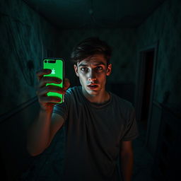 In an abandoned old house, a young man of 18 years is standing in a dimly lit room, his face filled with fear as he holds up his iPhone, casting an eerie green light across the dusty floorboards and peeling wallpaper