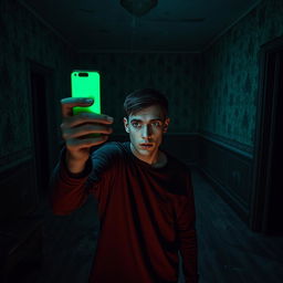 In an abandoned old house, a young man of 18 years is standing in a dimly lit room, his face filled with fear as he holds up his iPhone, casting an eerie green light across the dusty floorboards and peeling wallpaper
