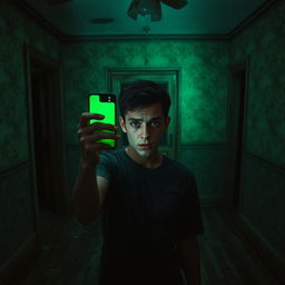 In an abandoned old house, a young man of 18 years is standing in a dimly lit room, his face filled with fear as he holds up his iPhone, casting an eerie green light across the dusty floorboards and peeling wallpaper