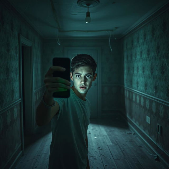 In an abandoned old house, a young man of 18 years is standing in a dimly lit room, his face filled with fear as he holds up his iPhone, casting an eerie green light across the dusty floorboards and peeling wallpaper