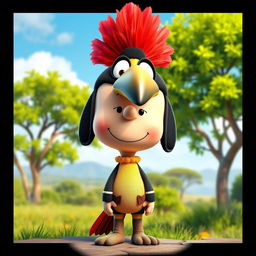 A Peanuts cartoon character dressed as Zazu, the hornbill from The Lion King, featuring a playful headpiece that captures Zazu's distinctive feathered look
