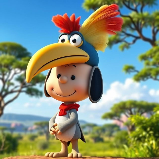 A Peanuts cartoon character dressed as Zazu, the hornbill from The Lion King, featuring a playful headpiece that captures Zazu's distinctive feathered look