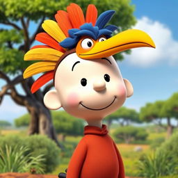 A Peanuts cartoon character dressed as Zazu, the hornbill from The Lion King, featuring a playful headpiece that captures Zazu's distinctive feathered look