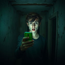 In an abandoned old house, a frightened 18 year old young man stands alone, holding his iPhone which emits an eerie green light
