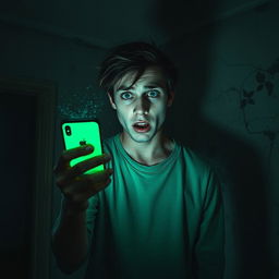 In an abandoned old house, a frightened 18 year old young man stands alone, holding his iPhone which emits an eerie green light