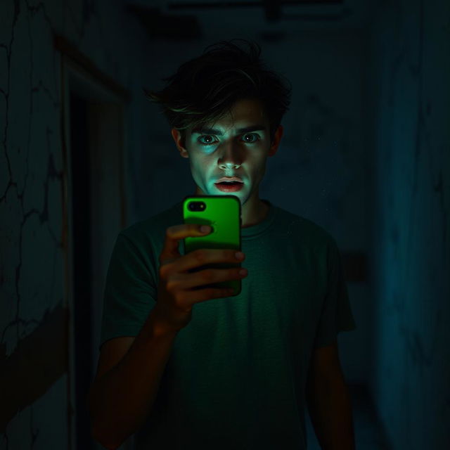 In an abandoned old house, a frightened 18 year old young man stands alone, holding his iPhone which emits an eerie green light