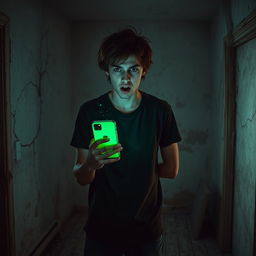 In an abandoned old house, a frightened 18 year old young man stands alone, holding his iPhone which emits an eerie green light