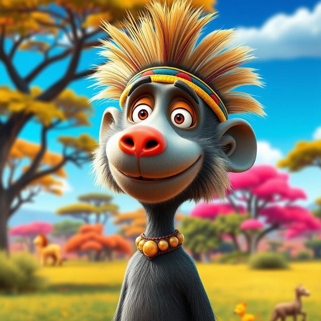 A Peanuts cartoon character dressed as Rafiki, the mandrill from The Lion King, featuring a playful headpiece that captures Rafiki's unique appearance