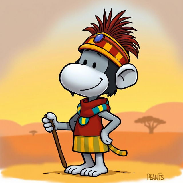 A cartoon character from Peanuts wearing the costume of Rafiki, the wise mandrill from The Lion King, complete with the unique headpiece that Rafiki sports