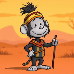 A cartoon character from Peanuts wearing the costume of Rafiki, the wise mandrill from The Lion King, complete with the unique headpiece that Rafiki sports