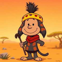 A cartoon character from Peanuts wearing the costume of Rafiki, the wise mandrill from The Lion King, complete with the unique headpiece that Rafiki sports