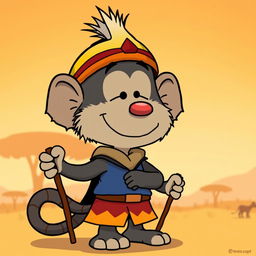 A cartoon character from Peanuts wearing the costume of Rafiki, the wise mandrill from The Lion King, complete with the unique headpiece that Rafiki sports