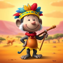 A cartoon character from the Peanuts comic strip dressed in the costume of Rafiki, the mandrill from The Lion King, complete with Rafiki's distinctive headpiece adorned with colorful feathers