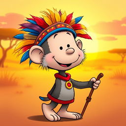 A cartoon character from the Peanuts comic strip dressed in the costume of Rafiki, the mandrill from The Lion King, complete with Rafiki's distinctive headpiece adorned with colorful feathers