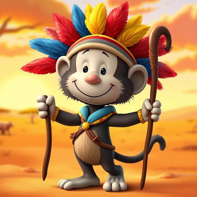 A cartoon character from the Peanuts comic strip dressed in the costume of Rafiki, the mandrill from The Lion King, complete with Rafiki's distinctive headpiece adorned with colorful feathers