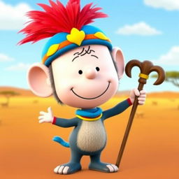 A cartoon character from the Peanuts comic strip, dressed in the costume of Rafiki, the mandrill from The Lion King, featuring Rafiki's distinctive colorful headpiece adorned with feathers