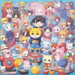 A high-quality digital art thumbnail image showcasing a variety of iconic anime merchandise